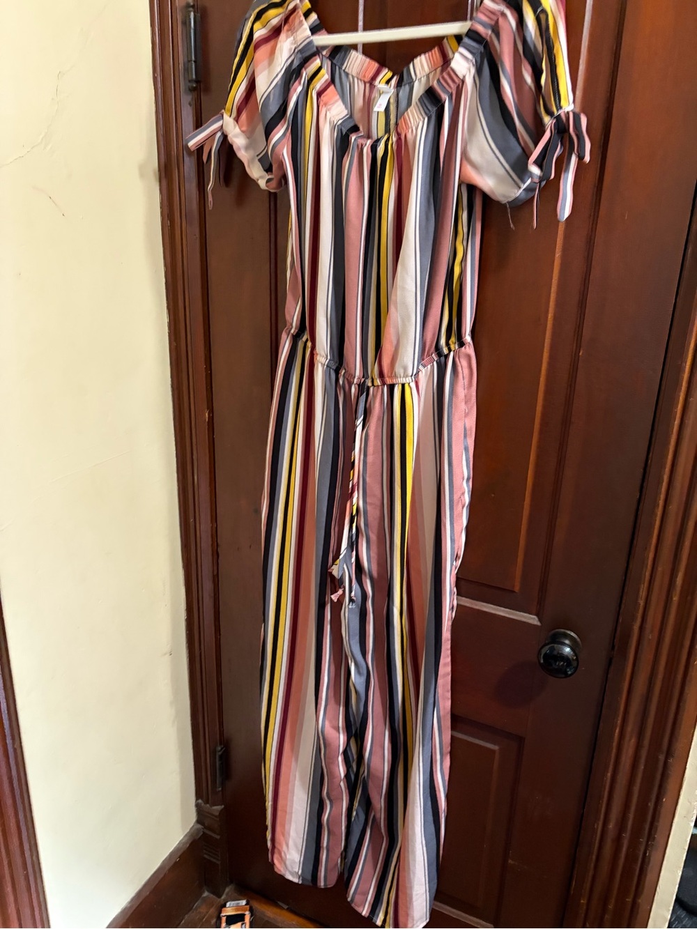 Xhilaration Multi-Stripe Off-Shoulder Jumpsuit in Pink, Yellow & Black